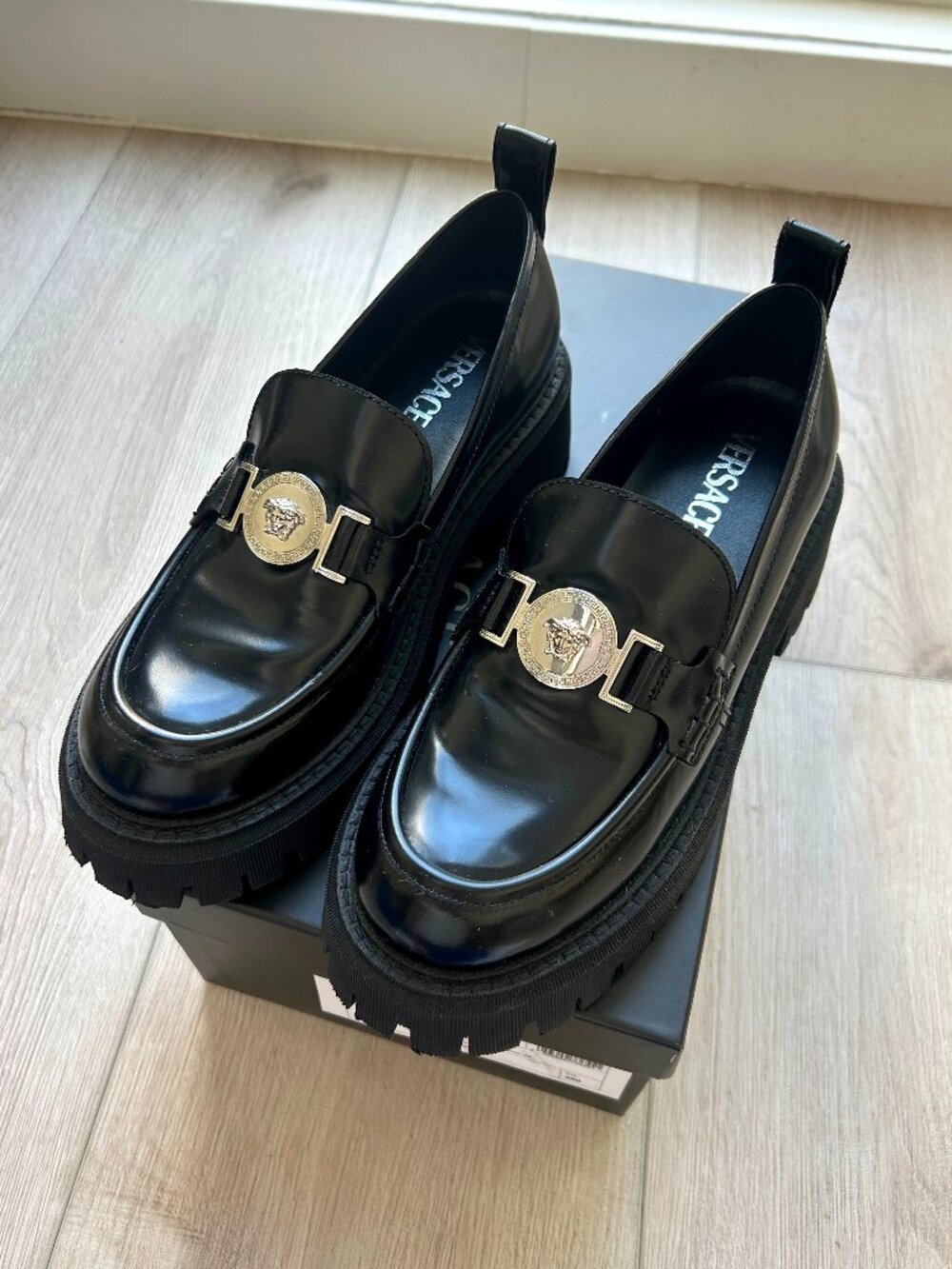 Versace Medusa Black Leather Platform Loafers - Size 38